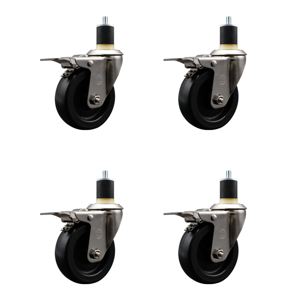 Stainless Steel Polyolefin Swivel Expanding Stem Caster Wheels Set of 4 with 4 Inch Black Wheels and 1-7/8" Stems-Includes 4 Swivel with Total Lock Brakes-1400 lbs. Total Capacity-Service Caster Brand — photo 1