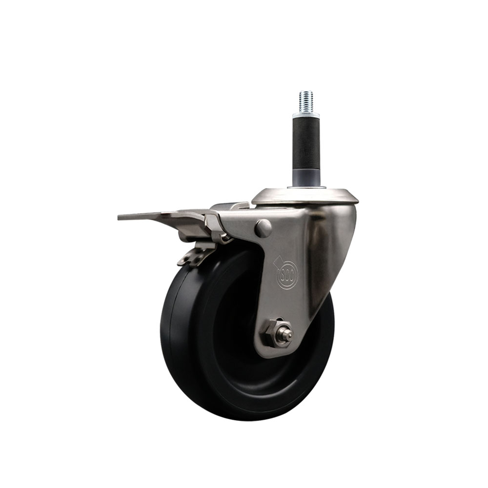 Stainless Steel Polyolefin Expanding Stem Swivel Caster Wheel with 4 Inch Black Wheel and 1" Stem and Total Lock Brake - 350 lbs. Capacity Per Caster - Service Caster Brand — photo 1
