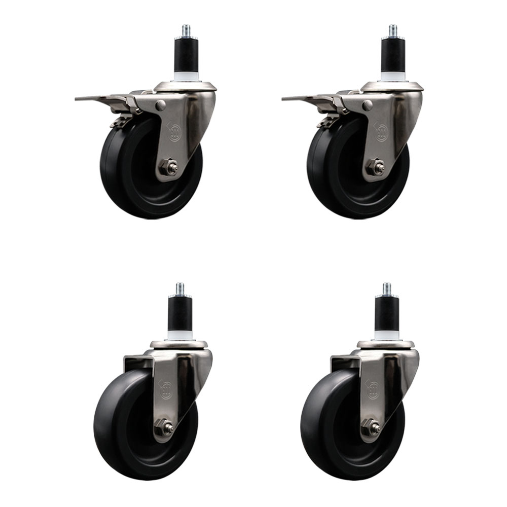 Stainless Steel Polyolefin Swivel Expanding Stem Caster Wheels Set of 4 with 4 Inch Black Wheels and 1-1/2" Stems-Includes 2 Swivel with Total Lock Brakes-1400 lbs. Total Capacity-Service Caster Brand — photo 1