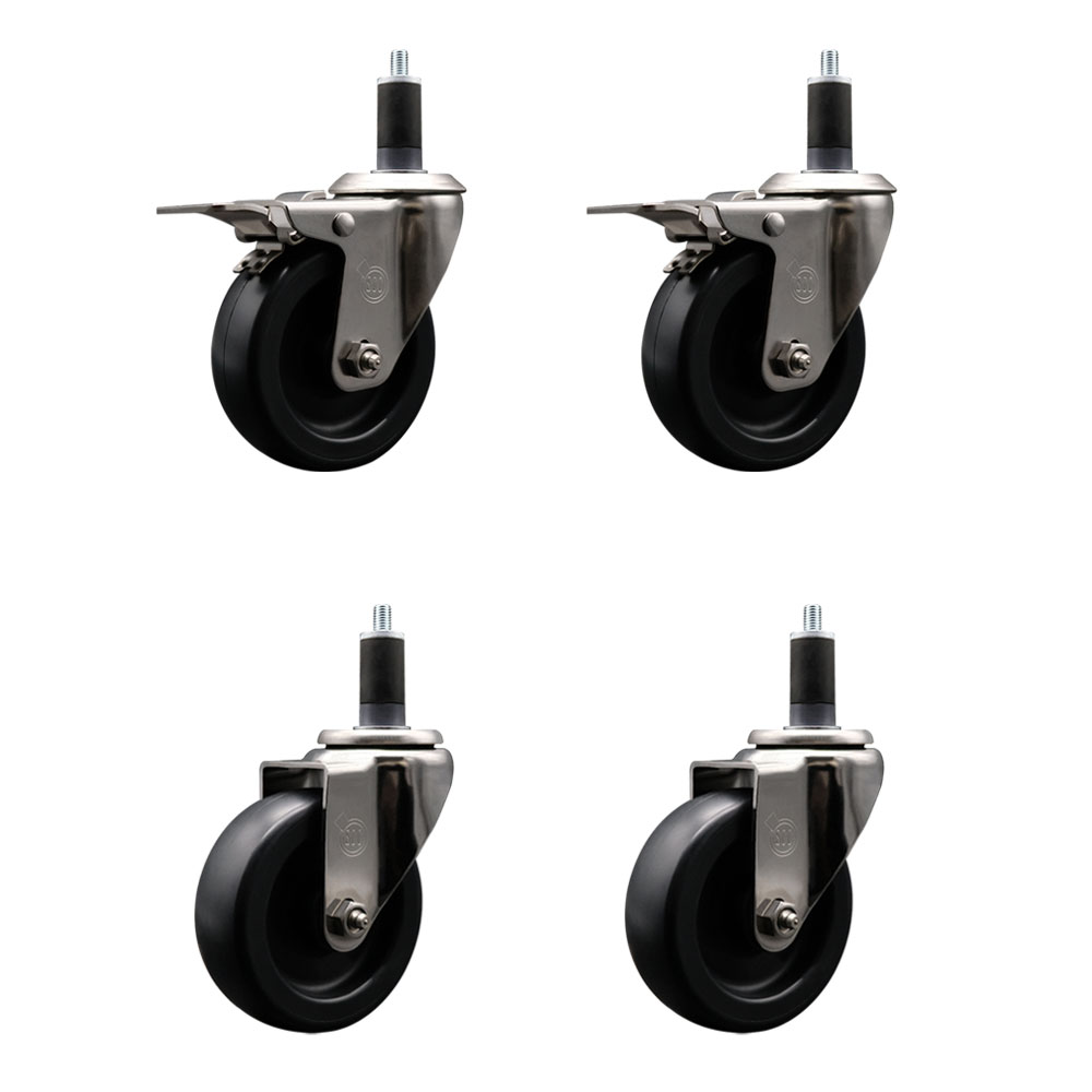 Stainless Steel Polyolefin Swivel Expanding Stem Caster Wheels Set of 4 with 4 Inch Black Wheels and 1-1/4" Stems-Includes 2 Swivel with Total Lock Brakes-1400 lbs. Total Capacity-Service Caster Brand — photo 1