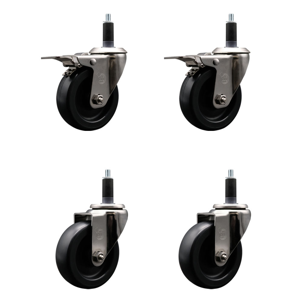 Stainless Steel Polyolefin Swivel Expanding Stem Caster Wheels Set of 4 with 4 Inch Black Wheels and 1-1/8" Stems-Includes 2 Swivel with Total Lock Brakes-1400 lbs. Total Capacity-Service Caster Brand — photo 1