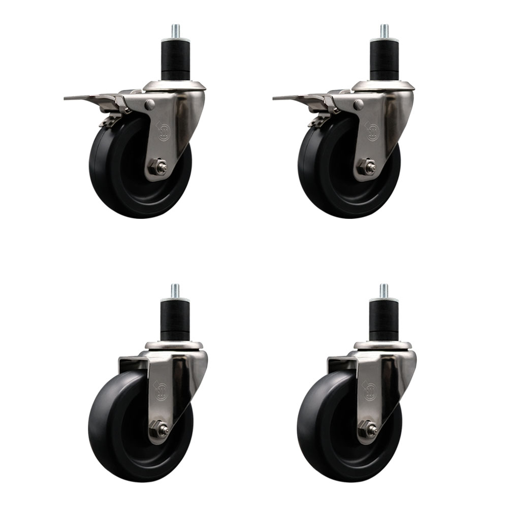 Stainless Steel Polyolefin Swivel Expanding Stem Caster Wheels Set of 4 with 4 Inch Black Wheels and 1-3/4" Stems-Includes 2 Swivel with Total Lock Brakes-1400 lbs. Total Capacity-Service Caster Brand — photo 1