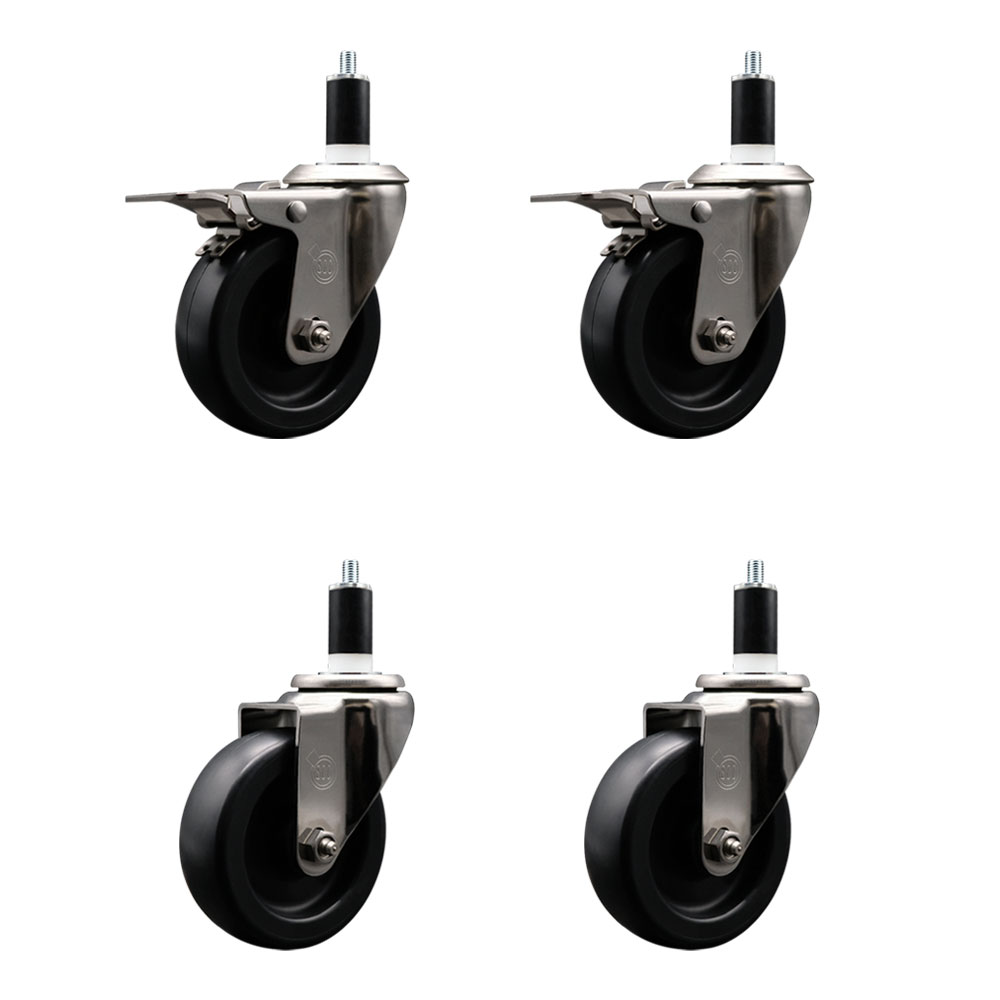 Stainless Steel Polyolefin Swivel Expanding Stem Caster Wheels Set of 4 with 4 Inch Black Wheels and 1-3/8" Stems-Includes 2 Swivel with Total Lock Brakes-1400 lbs. Total Capacity-Service Caster Brand — photo 1