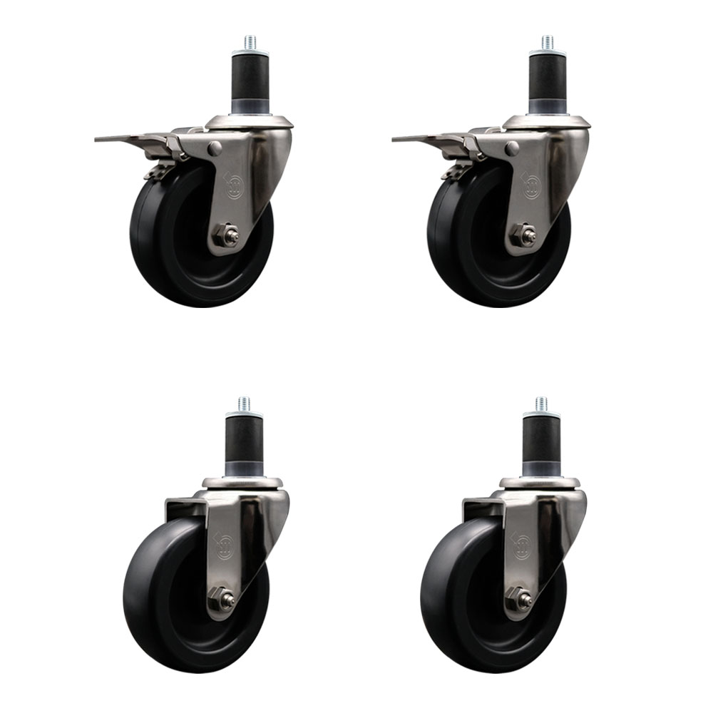 Stainless Steel Polyolefin Swivel Expanding Stem Caster Wheels Set of 4 with 4 Inch Black Wheels and 1-5/8" Stems-Includes 2 Swivel with Total Lock Brakes-1400 lbs. Total Capacity-Service Caster Brand — photo 1