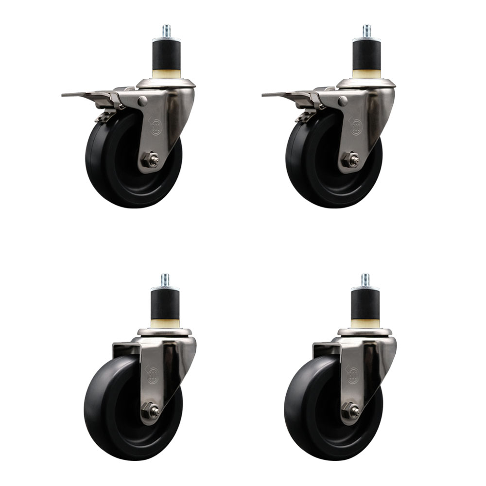 Stainless Steel Polyolefin Swivel Expanding Stem Caster Wheels Set of 4 with 4 Inch Black Wheels and 1-7/8" Stems-Includes 2 Swivel with Total Lock Brakes-1400 lbs. Total Capacity-Service Caster Brand — photo 1