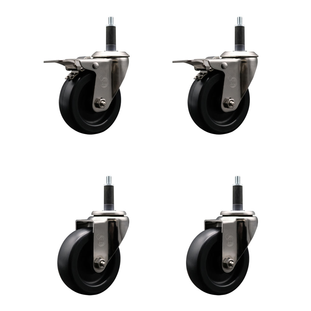 Stainless Steel Polyolefin Swivel Expanding Stem Caster Wheels Set of 4 with 4 Inch Black Wheels and 1" Stems-Includes 2 Swivel with Total Lock Brakes-1400 lbs. Total Capacity-Service Caster Brand — photo 1