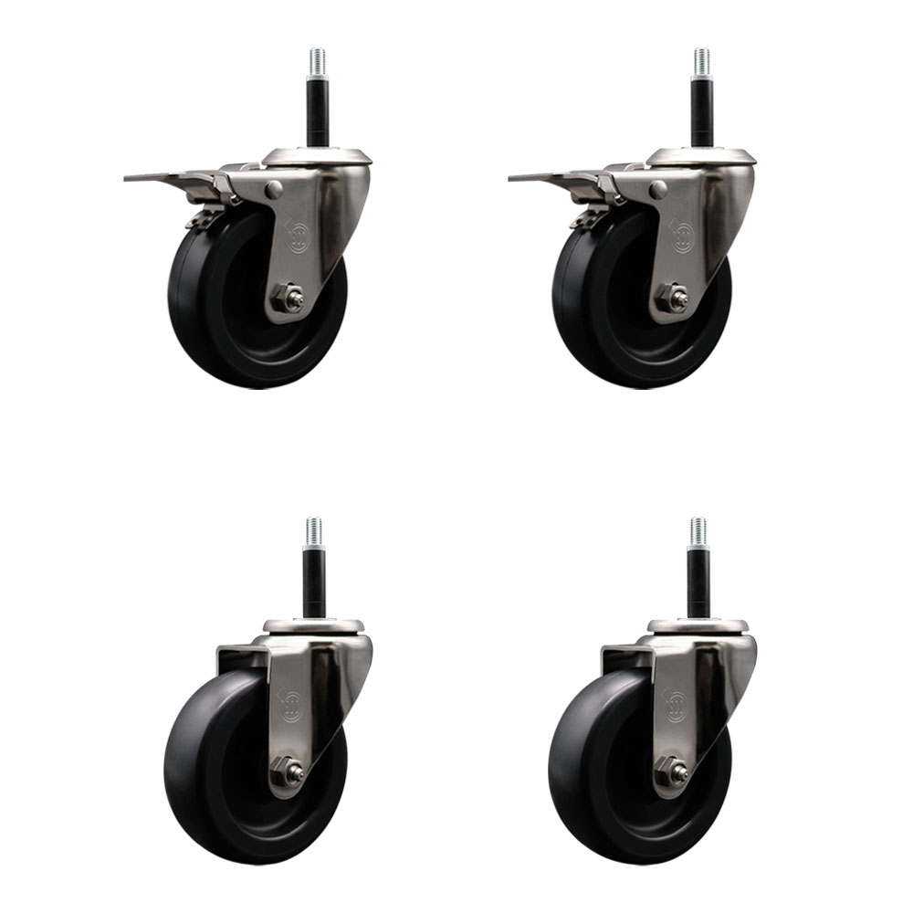 Stainless Steel Polyolefin Swivel Expanding Stem Caster Wheels Set of 4 with 4 Inch Black Wheels and 3/4" Stems-Includes 2 Swivel with Total Lock Brakes-1400 lbs. Total Capacity-Service Caster Brand — photo 1