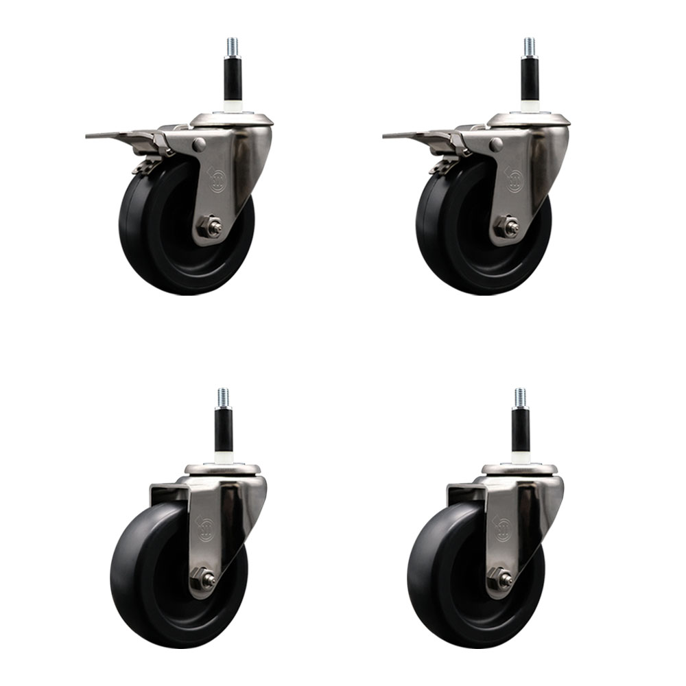 Stainless Steel Polyolefin Swivel Expanding Stem Caster Wheels Set of 4 with 4 Inch Black Wheels and 7/8" Stems-Includes 2 Swivel with Total Lock Brakes-1400 lbs. Total Capacity-Service Caster Brand — photo 1