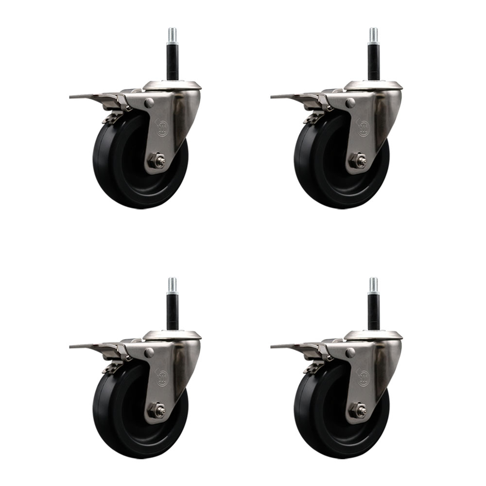 Stainless Steel Polyolefin Swivel Expanding Stem Caster Wheels Set of 4 with 4 Inch Black Wheels and 3/4" Stems-Includes 4 Swivel with Total Lock Brakes-1400 lbs. Total Capacity-Service Caster Brand — photo 1