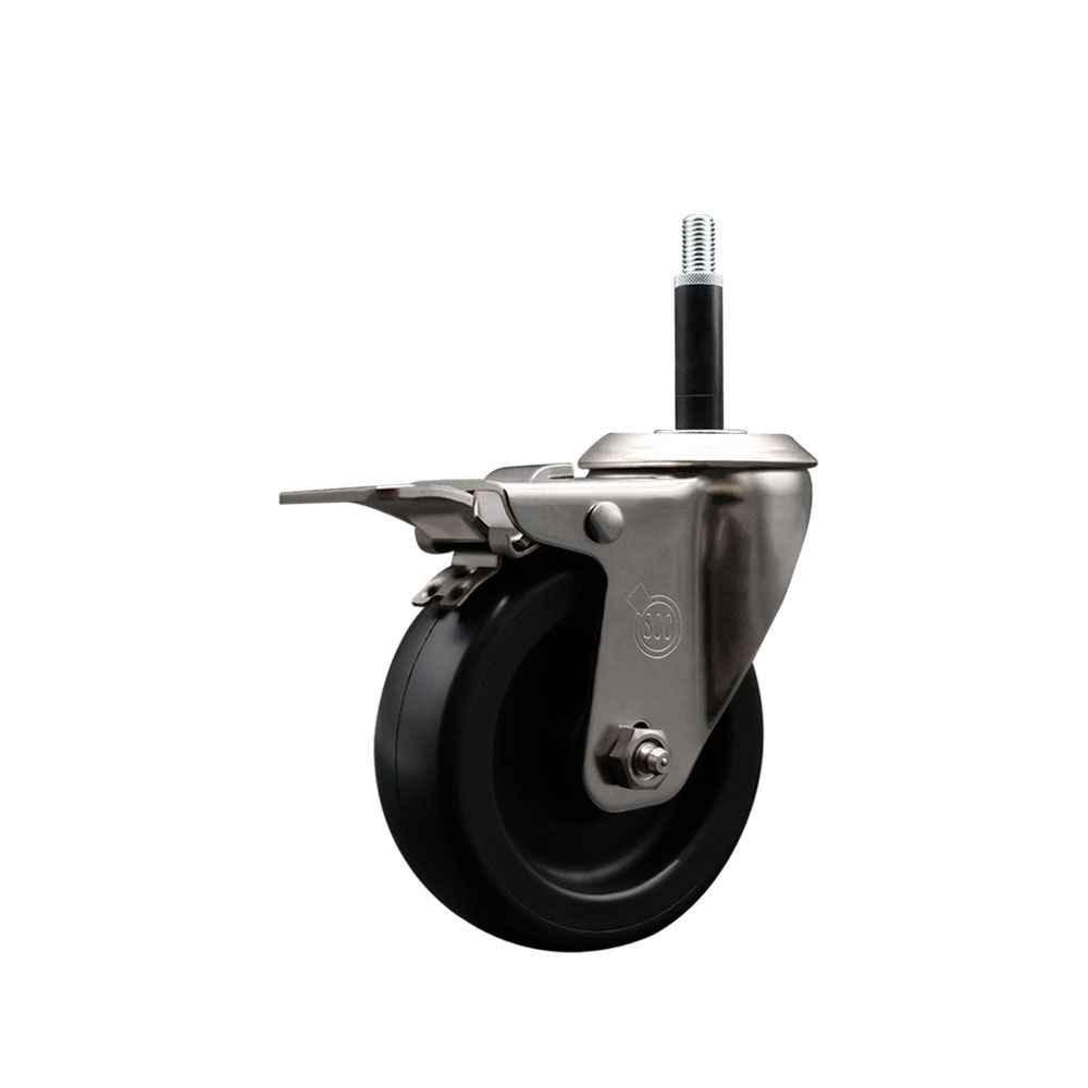 Stainless Steel Polyolefin Expanding Stem Swivel Caster Wheel with 4 Inch Black Wheel and 3/4" Stem and Total Lock Brake - 350 lbs. Capacity Per Caster - Service Caster Brand — photo 1