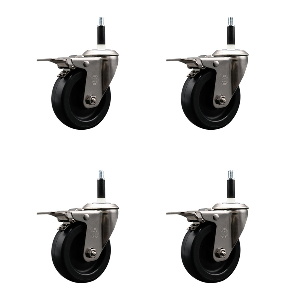 Stainless Steel Polyolefin Swivel Expanding Stem Caster Wheels Set of 4 with 4 Inch Black Wheels and 7/8" Stems-Includes 4 Swivel with Total Lock Brakes-1400 lbs. Total Capacity-Service Caster Brand — photo 1