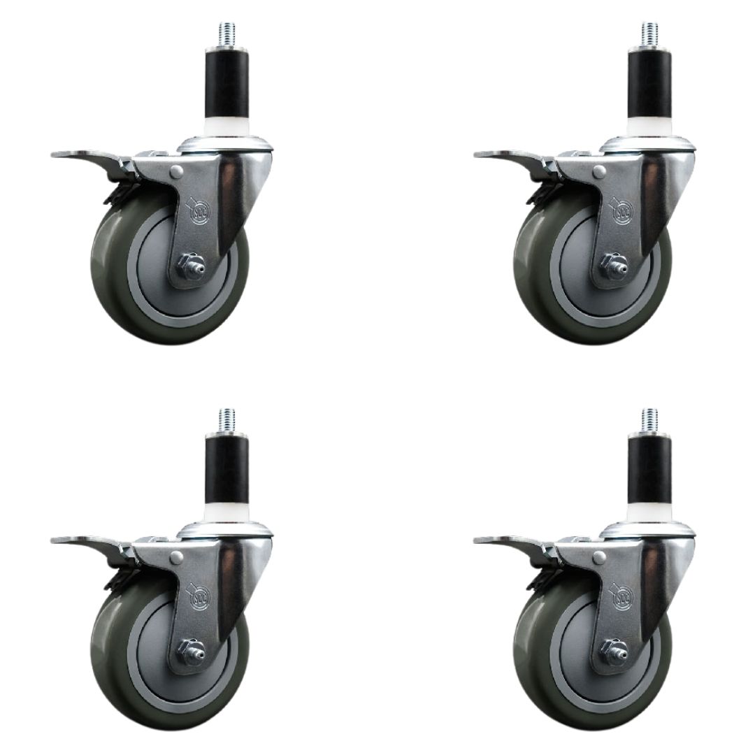 Stainless Steel Polyurethane Swivel Expanding Stem Caster Set of 4 with 4 Inch Gray Wheels and 1-3/8" Stems - 4 Swivel with Total Locking Brakes - 350 lbs. Capacity Per Caster - Service Caster Brand — photo 1