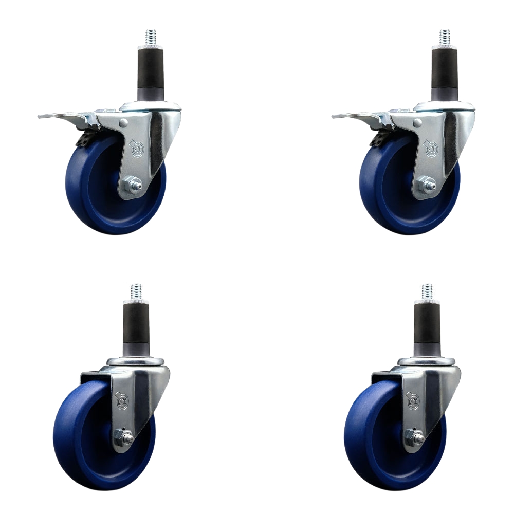 Stainless Steel Solid Polyurethane Swivel Expanding Stem Caster Set of 4 with 4 Inch Blue Wheels and 1-1/4" Stems - 2 with Total Locking Brakes - 1200 lbs Total Capacity - Service Caster Brand — photo 1