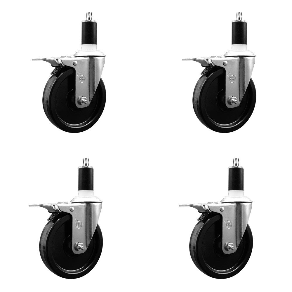 Stainless Steel Phenolic Swivel Expanding Stem Caster Set of 4 with 5 Inch Black Wheels and 1-3/8" Stems - 4 Swivel with Total Locking Brakes - 300 lbs. Capacity Per Caster - Service Caster Brand — photo 1
