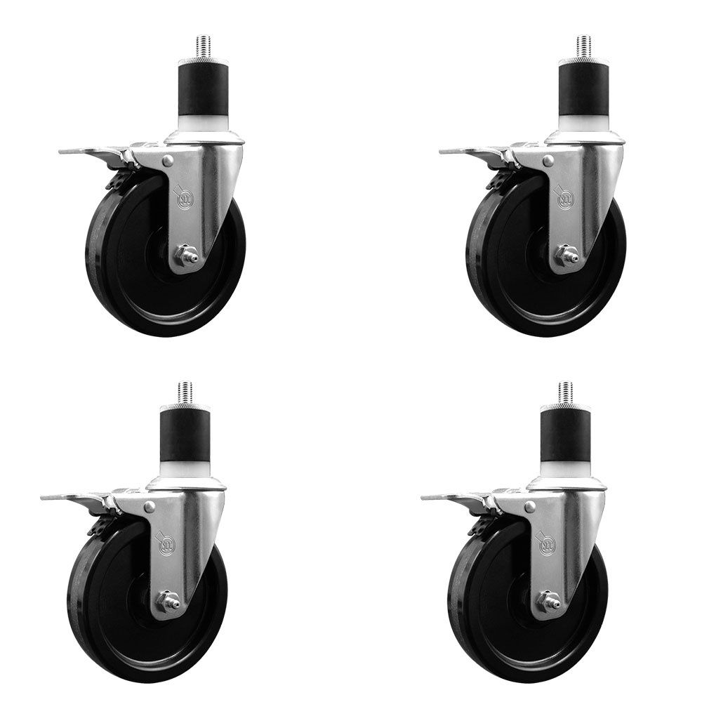 Stainless Steel Phenolic Swivel Expanding Stem Caster Set of 4 with 5 Inch Black Wheels and 1-7/8" Stems - 4 Swivel with Total Locking Brakes - 300 lbs. Capacity Per Caster - Service Caster Brand — photo 1
