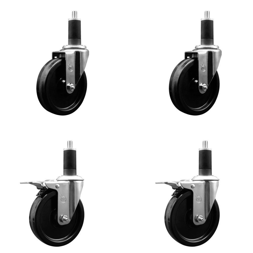 Stainless Steel Phenolic Swivel Expanding Stem Caster Set of 4 with 5 Inch Black Wheels and 1-1/4" Stems - Includes 2 with Total Locking Brakes - 1200 lbs Total Capacity - Service Caster Brand — photo 1