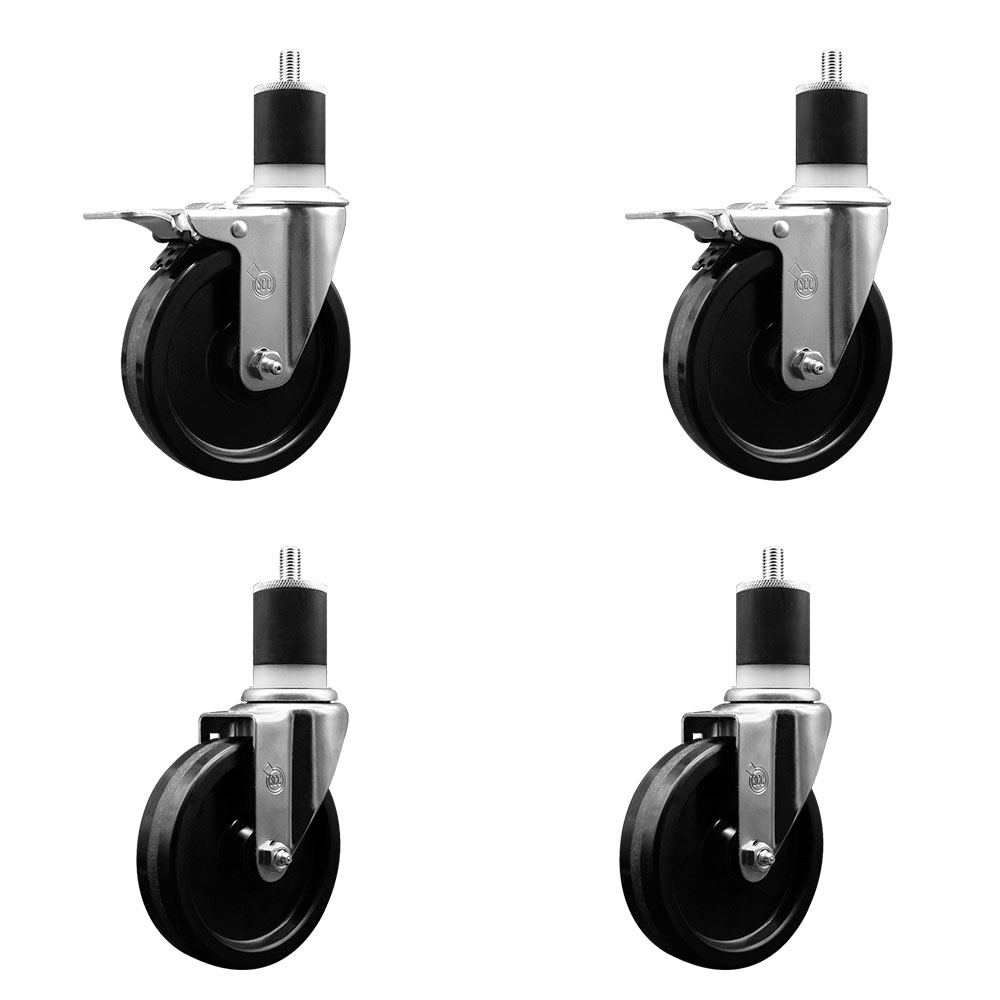 Stainless Steel Phenolic Swivel Expanding Stem Caster Set of 4 with 5 Inch Black Wheels and 1-7/8" Stems - Includes 2 with Total Locking Brakes - 1200 lbs Total Capacity - Service Caster Brand — photo 1