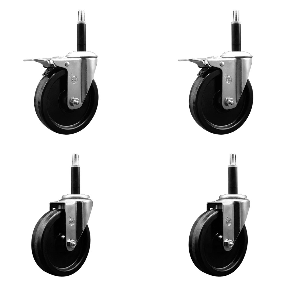 Stainless Steel Phenolic Swivel Expanding Stem Caster Set of 4 with 5 Inch Black Wheels and 3/4" Stems - Includes 2 with Total Locking Brakes - 1200 lbs Total Capacity - Service Caster Brand — photo 1