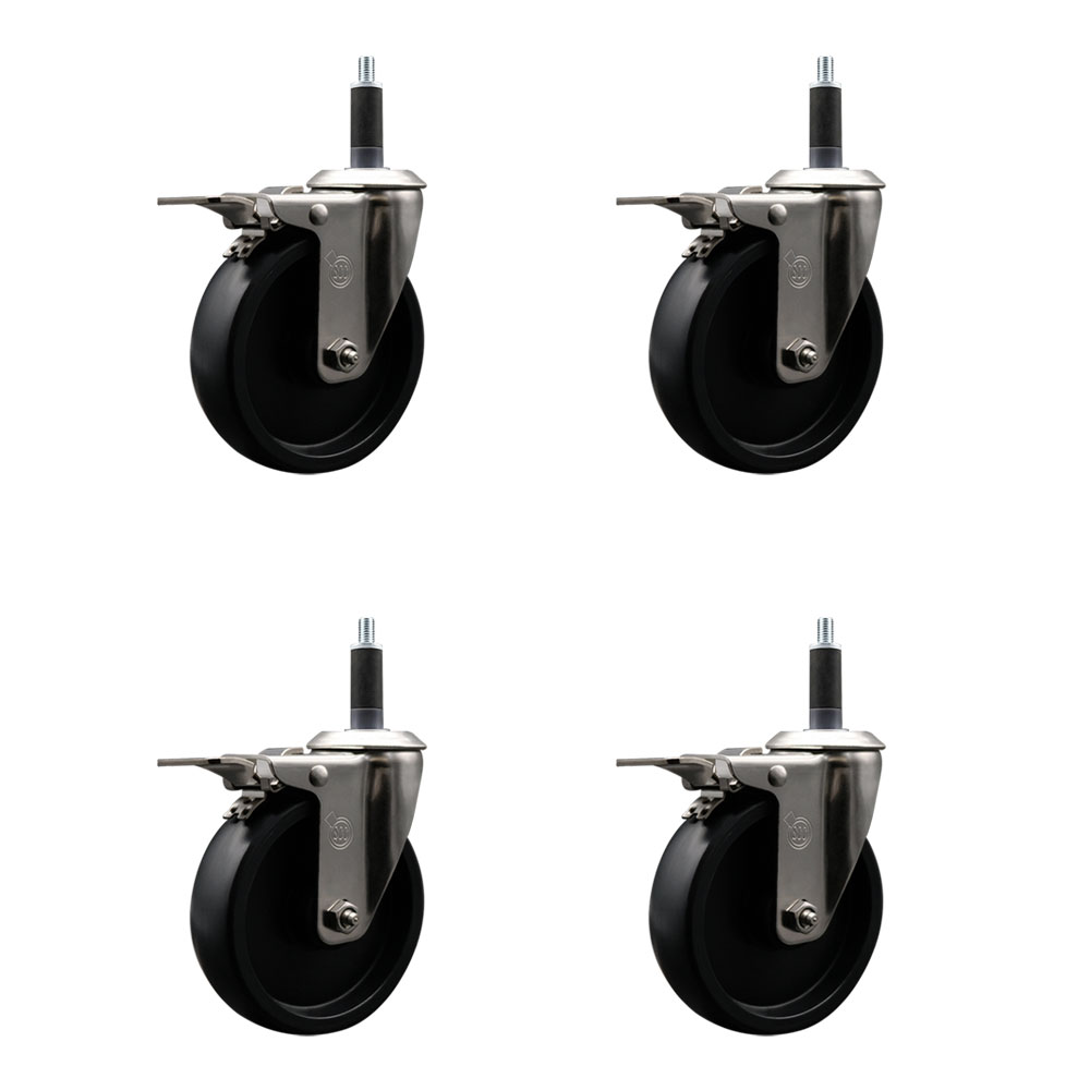 Stainless Steel Polyolefin Swivel Expanding Stem Caster Wheels Set of 4 with 5 Inch Black Wheels and 1" Stems-Includes 4 Swivel with Total Lock Brakes-1400 lbs. Total Capacity-Service Caster Brand — photo 1