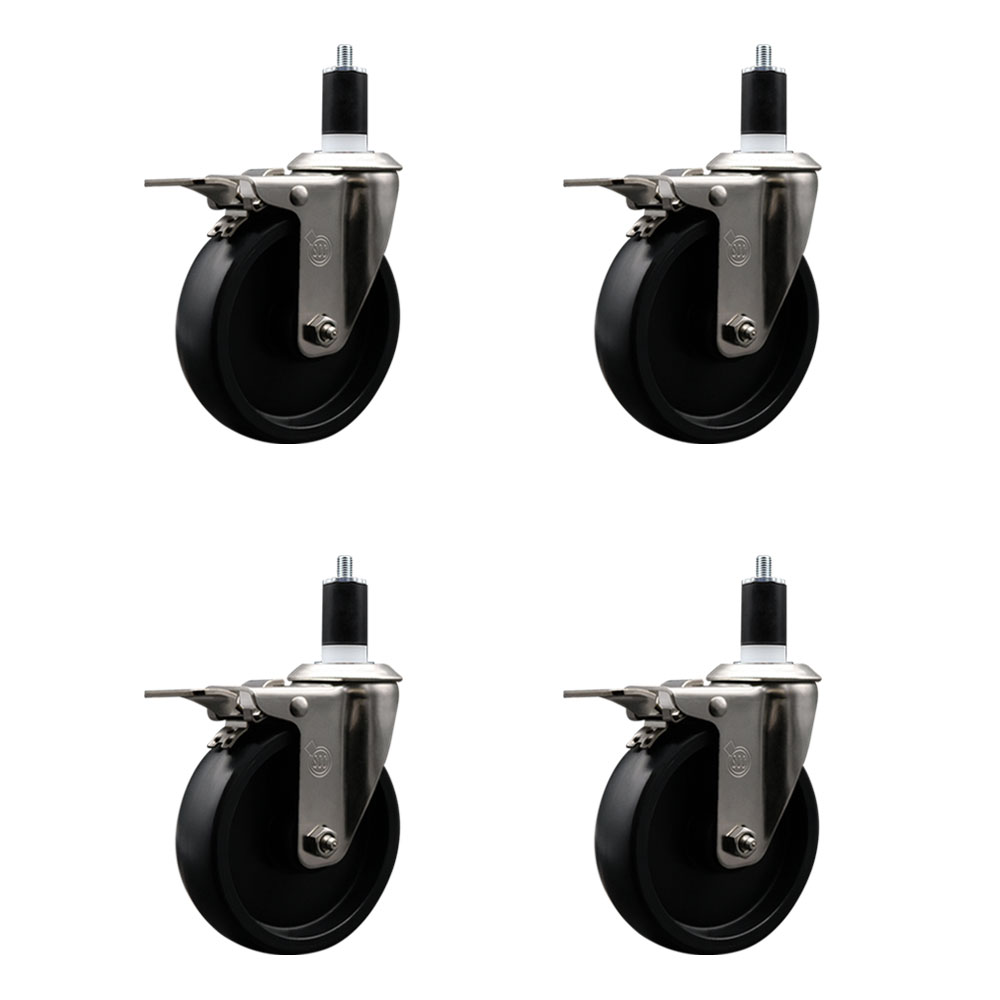 Stainless Steel Polyolefin Swivel Expanding Stem Caster Wheels Set of 4 with 5 Inch Black Wheels and 1-1/2" Stems-Includes 4 Swivel with Total Lock Brakes-1400 lbs. Total Capacity-Service Caster Brand — photo 1