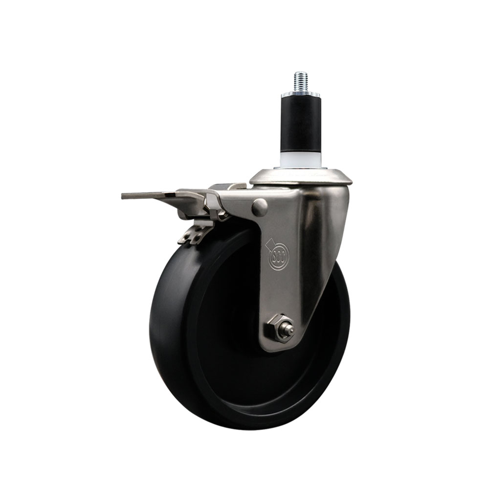 Stainless Steel Polyolefin Expanding Stem Swivel Caster Wheel with 5 Inch Black Wheel and 1-1/2" Stem and Total Lock Brake - 350 lbs. Capacity Per Caster - Service Caster Brand — photo 1