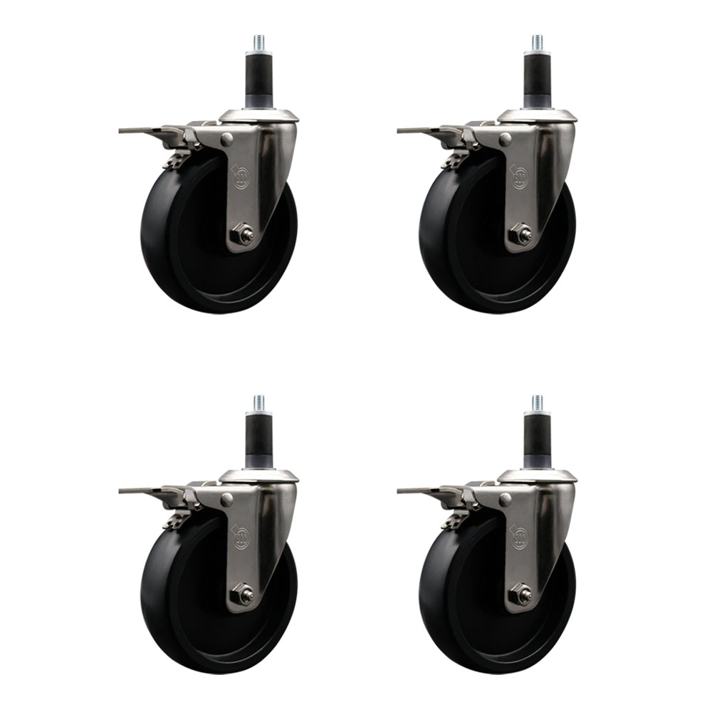 Stainless Steel Polyolefin Swivel Expanding Stem Caster Wheels Set of 4 with 5 Inch Black Wheels and 1-1/4" Stems-Includes 4 Swivel with Total Lock Brakes-1400 lbs. Total Capacity-Service Caster Brand — photo 1