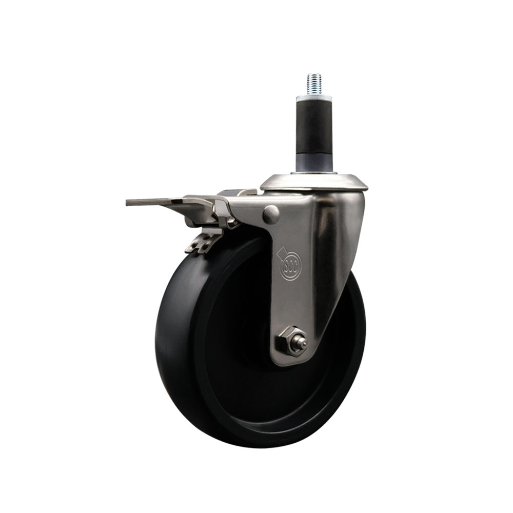 Stainless Steel Polyolefin Expanding Stem Swivel Caster Wheel with 5 Inch Black Wheel and 1-1/4" Stem and Total Lock Brake - 350 lbs. Capacity Per Caster - Service Caster Brand — photo 1