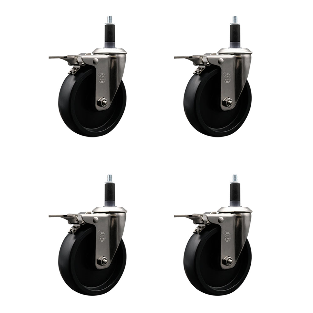 Stainless Steel Polyolefin Swivel Expanding Stem Caster Wheels Set of 4 with 5 Inch Black Wheels and 1-1/8" Stems-Includes 4 Swivel with Total Lock Brakes-1400 lbs. Total Capacity-Service Caster Brand — photo 1