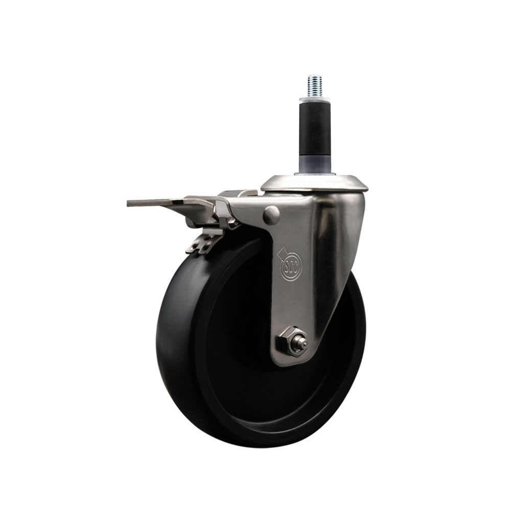 Stainless Steel Polyolefin Expanding Stem Swivel Caster Wheel with 5 Inch Black Wheel and 1-1/8" Stem and Total Lock Brake - 350 lbs. Capacity Per Caster - Service Caster Brand — photo 1
