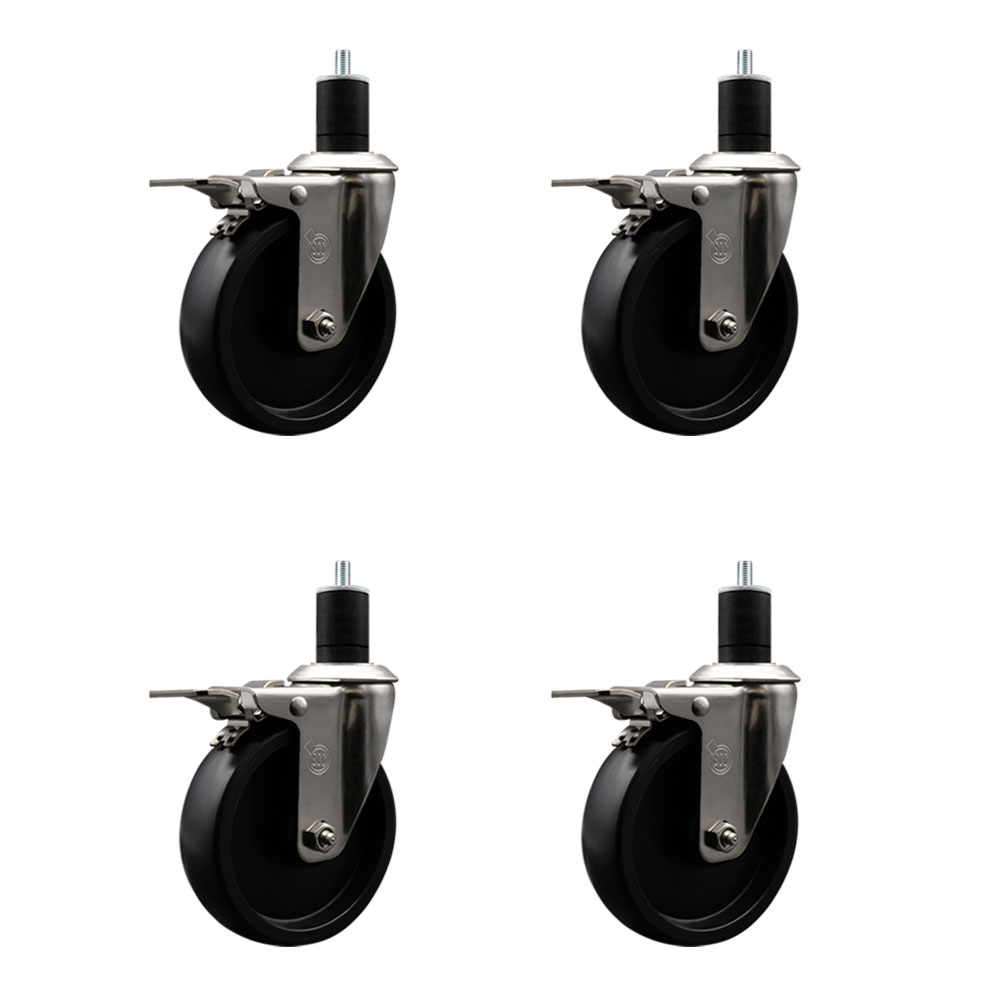 Stainless Steel Polyolefin Swivel Expanding Stem Caster Wheels Set of 4 with 5 Inch Black Wheels and 1-3/4" Stems-Includes 4 Swivel with Total Lock Brakes-1400 lbs. Total Capacity-Service Caster Brand — photo 1