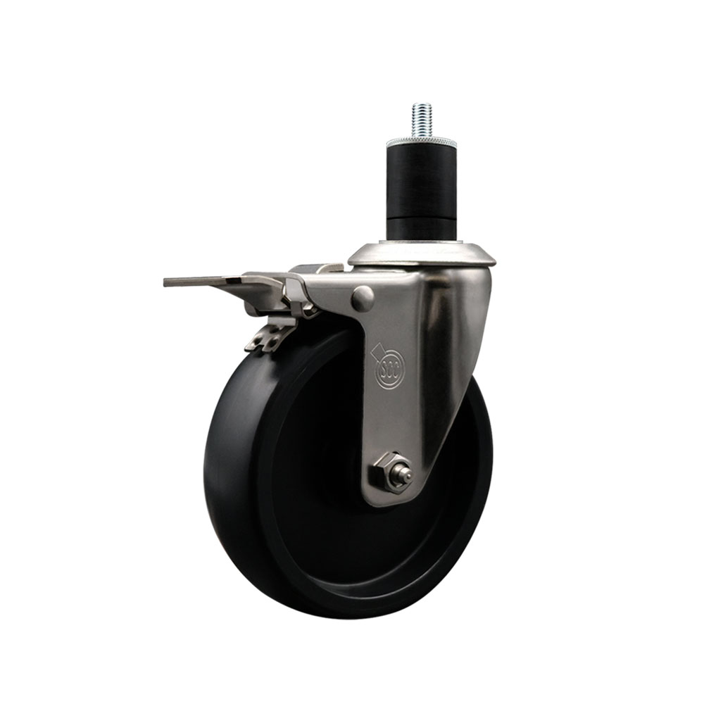 Stainless Steel Polyolefin Expanding Stem Swivel Caster Wheel with 5 Inch Black Wheel and 1-3/4" Stem and Total Lock Brake - 350 lbs. Capacity Per Caster - Service Caster Brand — photo 1