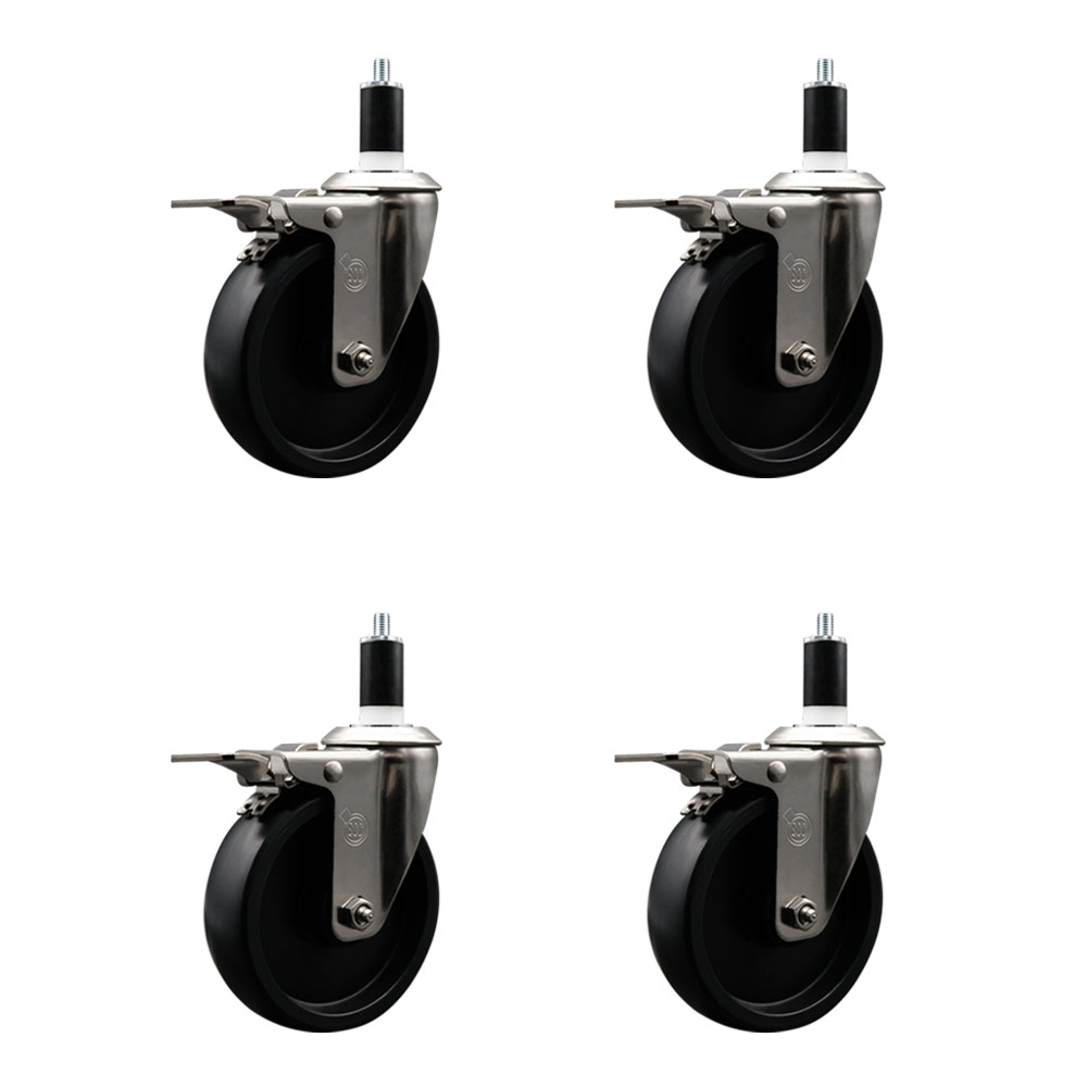 Stainless Steel Polyolefin Swivel Expanding Stem Caster Wheels Set of 4 with 5 Inch Black Wheels and 1-3/8" Stems-Includes 4 Swivel with Total Lock Brakes-1400 lbs. Total Capacity-Service Caster Brand — photo 1