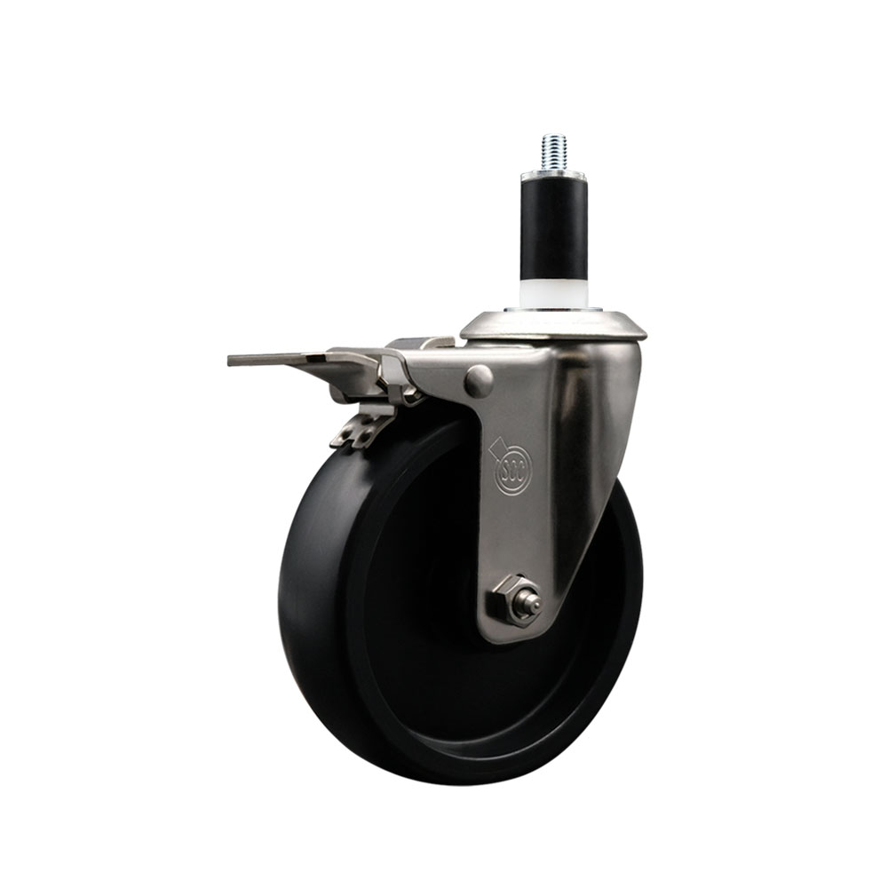 Stainless Steel Polyolefin Expanding Stem Swivel Caster Wheel with 5 Inch Black Wheel and 1-3/8" Stem and Total Lock Brake - 350 lbs. Capacity Per Caster - Service Caster Brand — photo 1