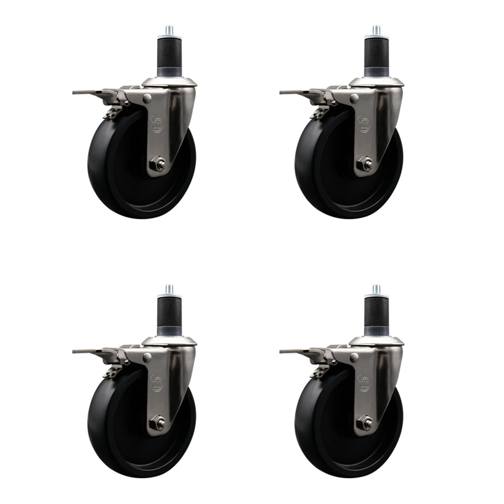 Stainless Steel Polyolefin Swivel Expanding Stem Caster Wheels Set of 4 with 5 Inch Black Wheels and 1-5/8" Stems-Includes 4 Swivel with Total Lock Brakes-1400 lbs. Total Capacity-Service Caster Brand — photo 1