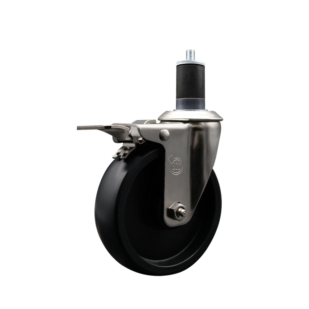 Stainless Steel Polyolefin Expanding Stem Swivel Caster Wheel with 5 Inch Black Wheel and 1-5/8" Stem and Total Lock Brake - 350 lbs. Capacity Per Caster - Service Caster Brand — photo 1