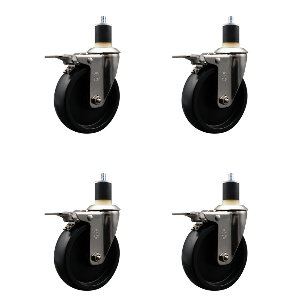 Stainless Steel Polyolefin Swivel Expanding Stem Caster Wheels Set of 4 with 5 Inch Black Wheels and 1-7/8" Stems-Includes 4 Swivel with Total Lock Brakes-1400 lbs. Total Capacity-Service Caster Brand — photo 1