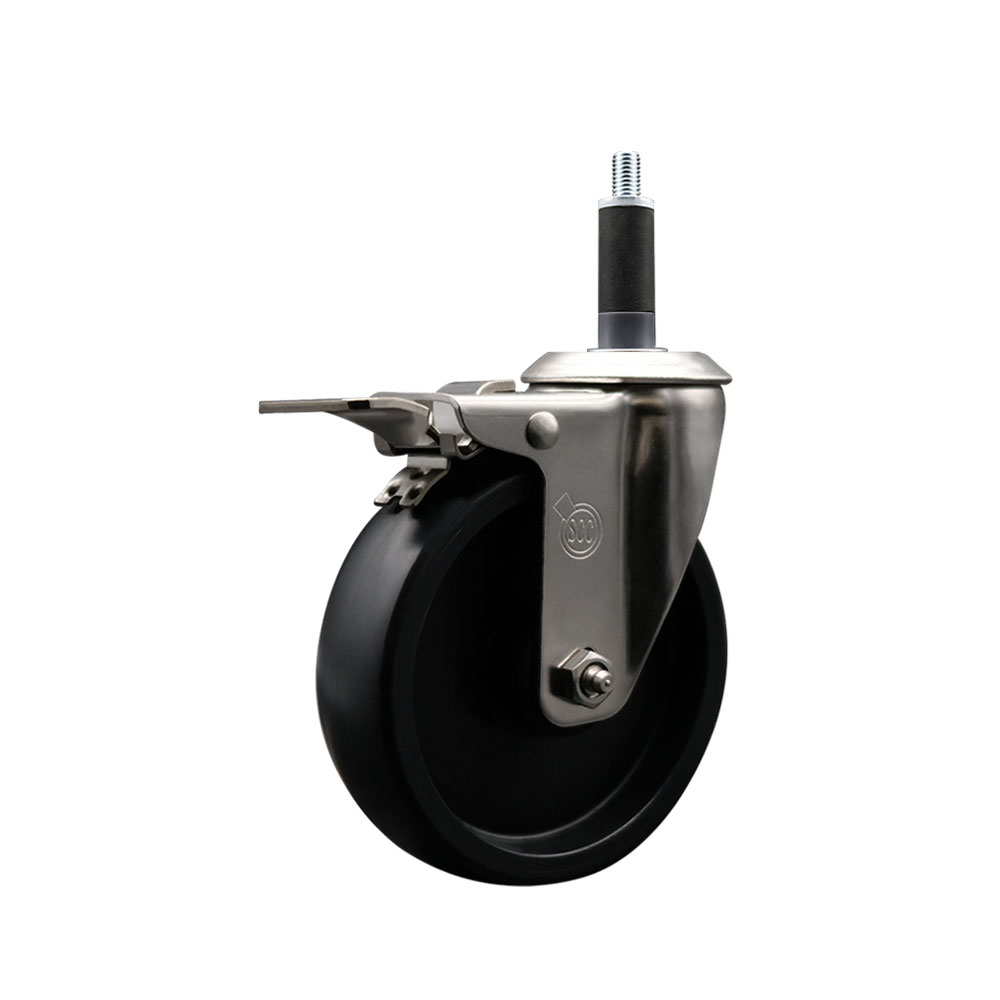 Stainless Steel Polyolefin Expanding Stem Swivel Caster Wheel with 5 Inch Black Wheel and 1" Stem and Total Lock Brake - 350 lbs. Capacity Per Caster - Service Caster Brand — photo 1