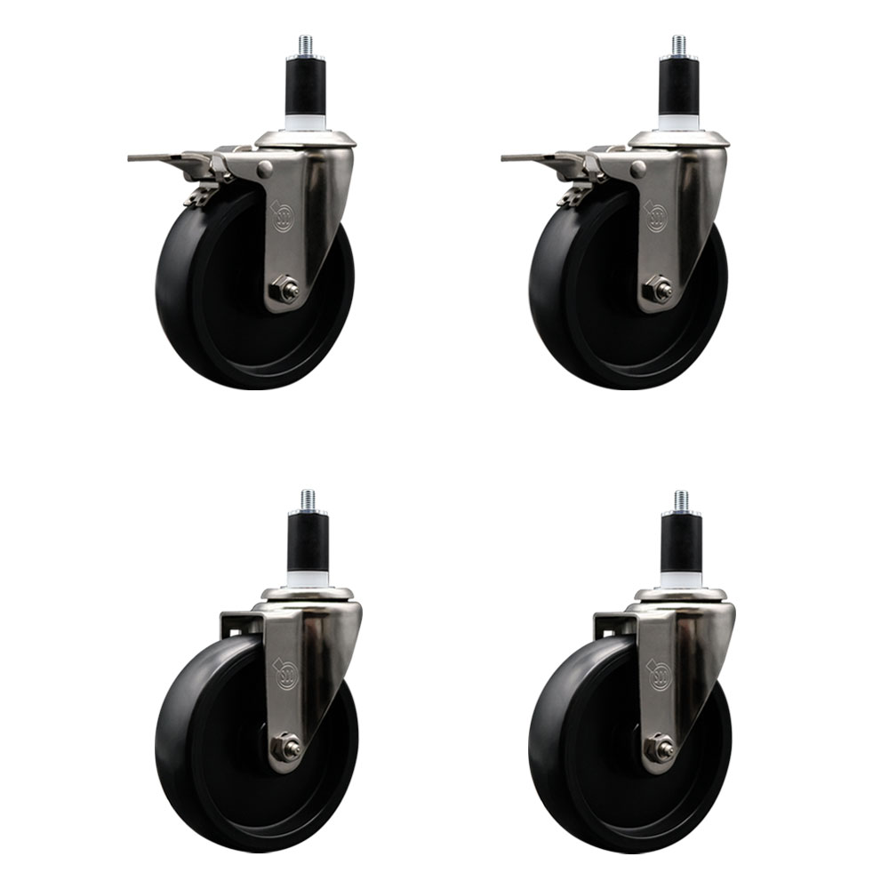 Stainless Steel Polyolefin Swivel Expanding Stem Caster Wheels Set of 4 with 5 Inch Black Wheels and 1-1/2" Stems-Includes 2 Swivel with Total Lock Brakes-1400 lbs. Total Capacity-Service Caster Brand — photo 1