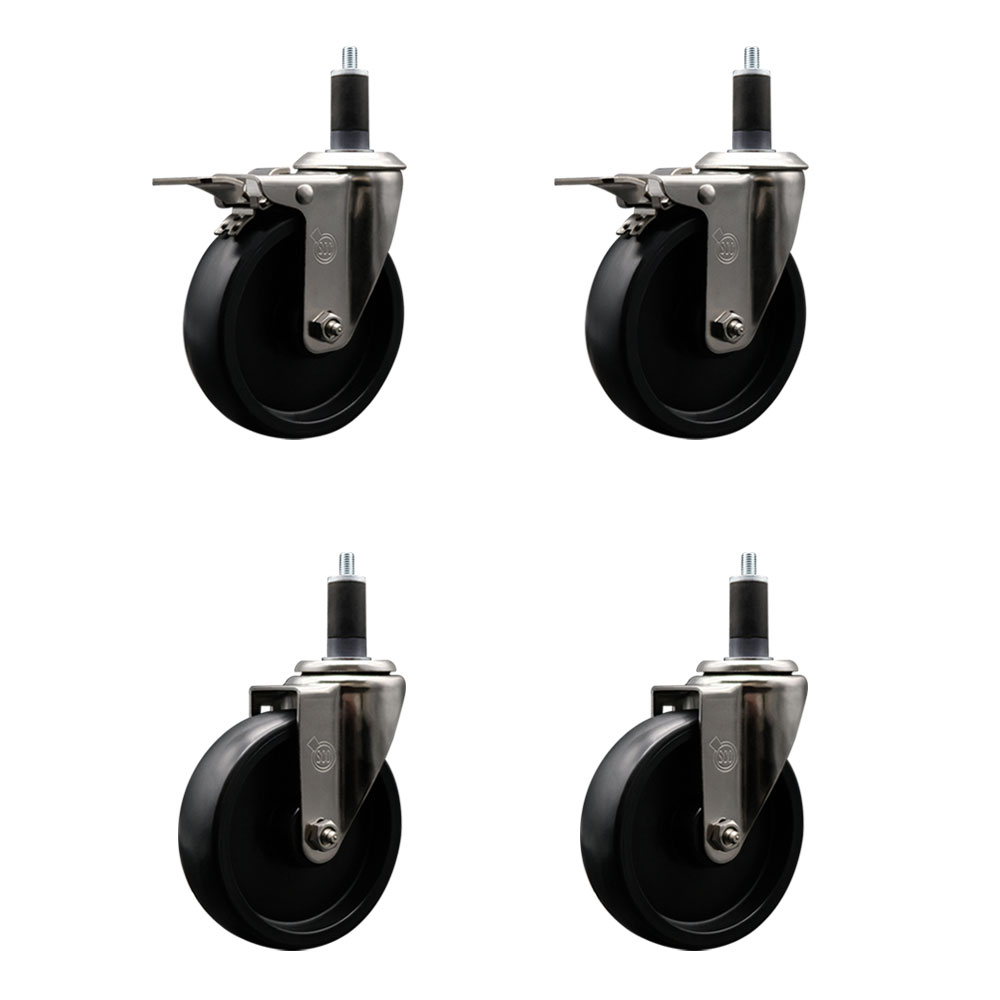 Stainless Steel Polyolefin Swivel Expanding Stem Caster Wheels Set of 4 with 5 Inch Black Wheels and 1-1/4" Stems-Includes 2 Swivel with Total Lock Brakes-1400 lbs. Total Capacity-Service Caster Brand — photo 1