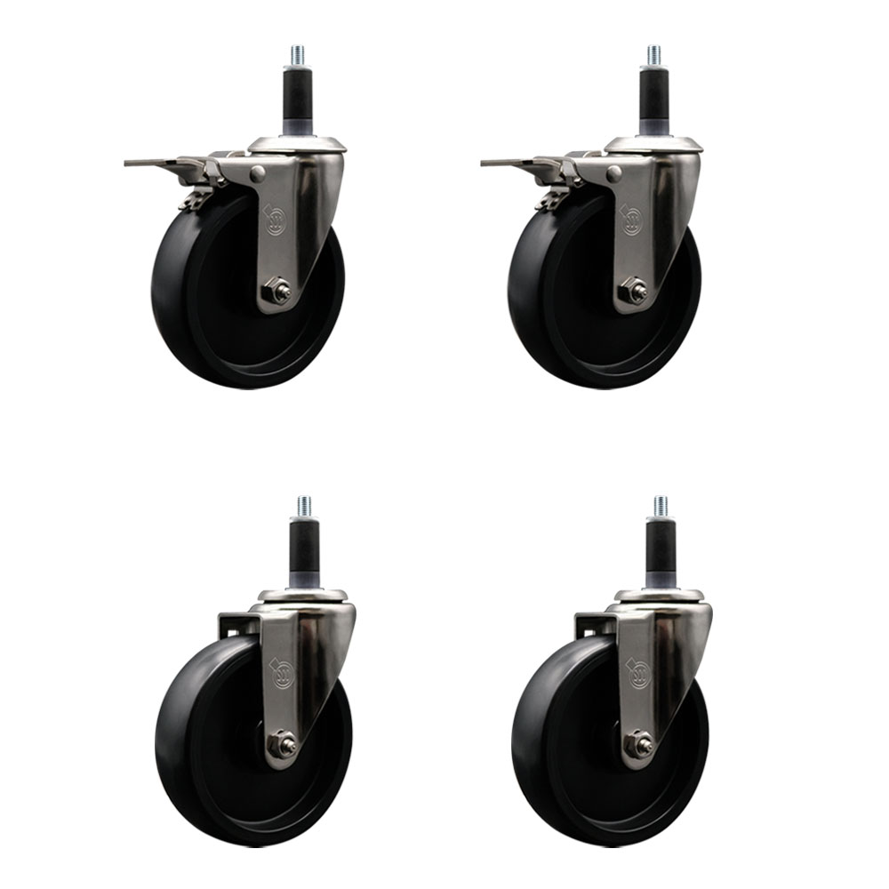 Stainless Steel Polyolefin Swivel Expanding Stem Caster Wheels Set of 4 with 5 Inch Black Wheels and 1-1/8" Stems-Includes 2 Swivel with Total Lock Brakes-1400 lbs. Total Capacity-Service Caster Brand — photo 1