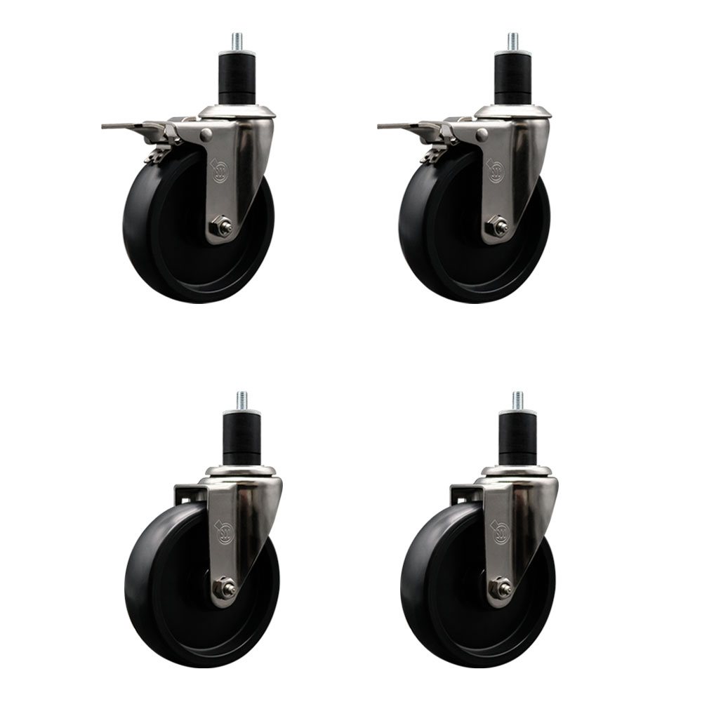 Stainless Steel Polyolefin Swivel Expanding Stem Caster Wheels Set of 4 with 5 Inch Black Wheels and 1-3/4" Stems-Includes 2 Swivel with Total Lock Brakes-1400 lbs. Total Capacity-Service Caster Brand — photo 1