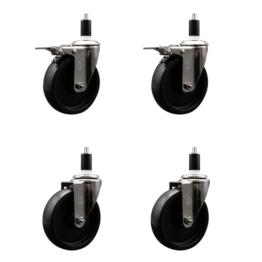Stainless Steel Polyolefin Swivel Expanding Stem Caster Wheels Set of 4 with 5 Inch Black Wheels and 1-3/8" Stems-Includes 2 Swivel with Total Lock Brakes-1400 lbs. Total Capacity-Service Caster Brand — photo 1