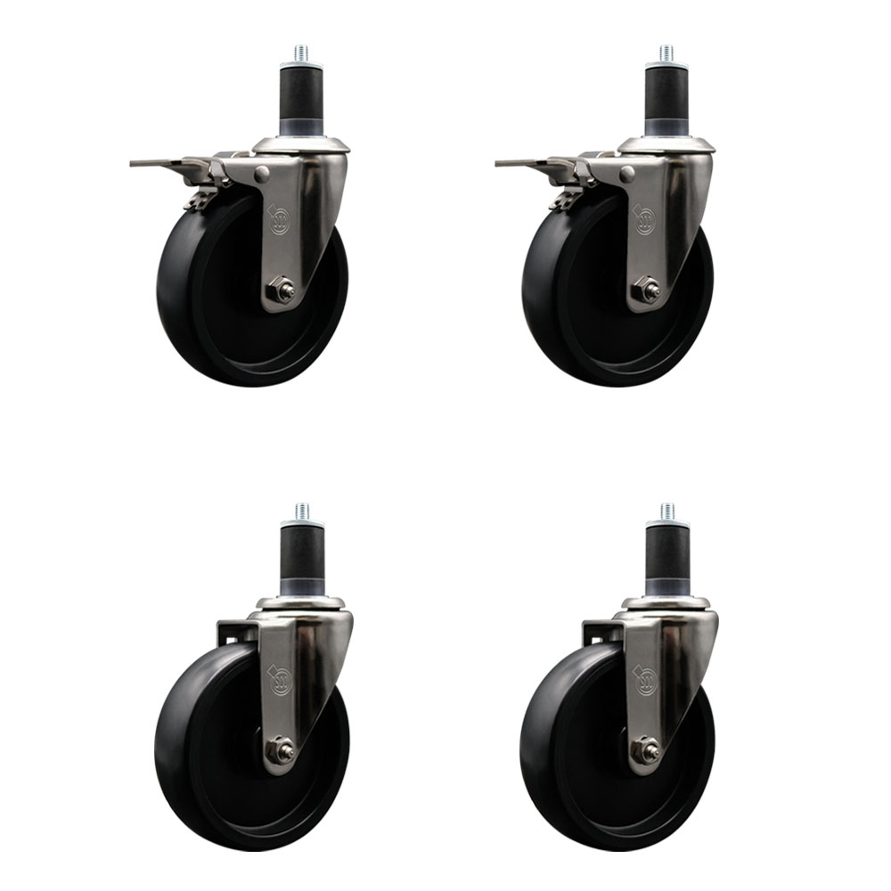 Stainless Steel Polyolefin Swivel Expanding Stem Caster Wheels Set of 4 with 5 Inch Black Wheels and 1-5/8" Stems-Includes 2 Swivel with Total Lock Brakes-1400 lbs. Total Capacity-Service Caster Brand — photo 1