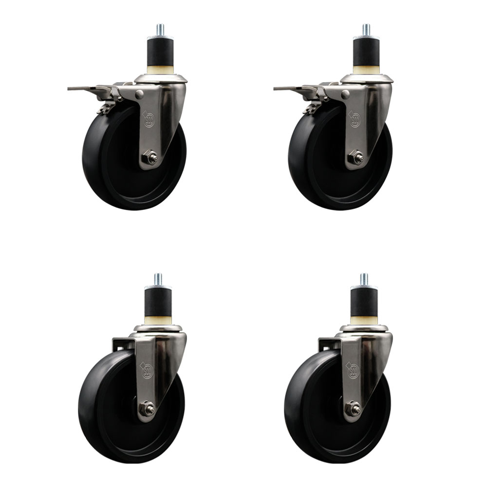 Stainless Steel Polyolefin Swivel Expanding Stem Caster Wheels Set of 4 with 5 Inch Black Wheels and 1-7/8" Stems-Includes 2 Swivel with Total Lock Brakes-1400 lbs. Total Capacity-Service Caster Brand — photo 1