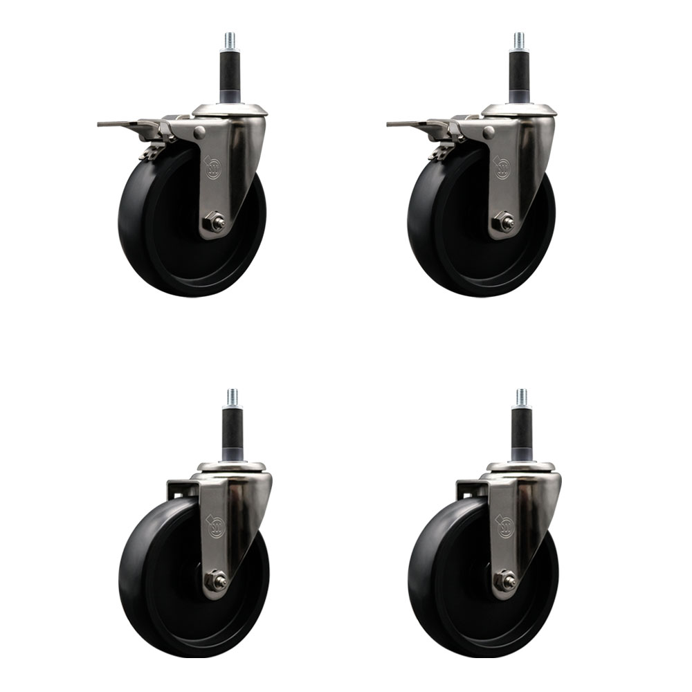 Stainless Steel Polyolefin Swivel Expanding Stem Caster Wheels Set of 4 with 5 Inch Black Wheels and 1" Stems-Includes 2 Swivel with Total Lock Brakes-1400 lbs. Total Capacity-Service Caster Brand — photo 1