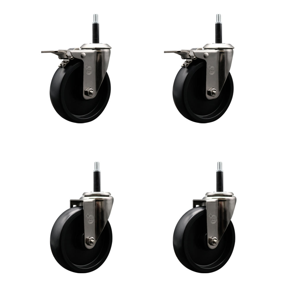 Stainless Steel Polyolefin Swivel Expanding Stem Caster Wheels Set of 4 with 5 Inch Black Wheels and 3/4" Stems-Includes 2 Swivel with Total Lock Brakes-1400 lbs. Total Capacity-Service Caster Brand — photo 1
