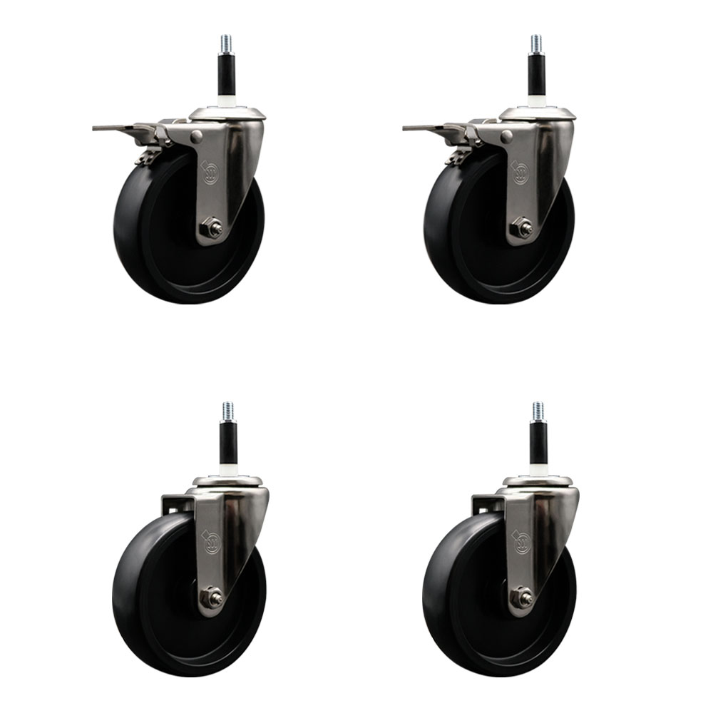 Stainless Steel Polyolefin Swivel Expanding Stem Caster Wheels Set of 4 with 5 Inch Black Wheels and 7/8" Stems-Includes 2 Swivel with Total Lock Brakes-1400 lbs. Total Capacity-Service Caster Brand — photo 1