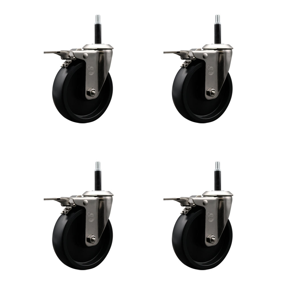 Stainless Steel Polyolefin Swivel Expanding Stem Caster Wheels Set of 4 with 5 Inch Black Wheels and 3/4" Stems-Includes 4 Swivel with Total Lock Brakes-1400 lbs. Total Capacity-Service Caster Brand — photo 1