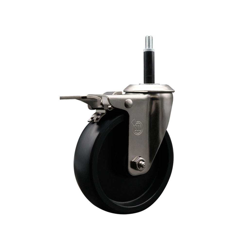 Stainless Steel Polyolefin Expanding Stem Swivel Caster Wheel with 5 Inch Black Wheel and 3/4" Stem and Total Lock Brake - 350 lbs. Capacity Per Caster - Service Caster Brand — photo 1