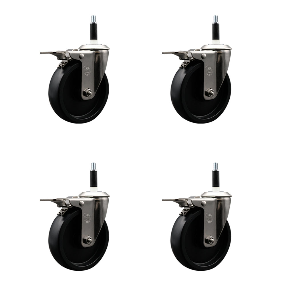 Stainless Steel Polyolefin Swivel Expanding Stem Caster Wheels Set of 4 with 5 Inch Black Wheels and 7/8" Stems-Includes 4 Swivel with Total Lock Brakes-1400 lbs. Total Capacity-Service Caster Brand — photo 1